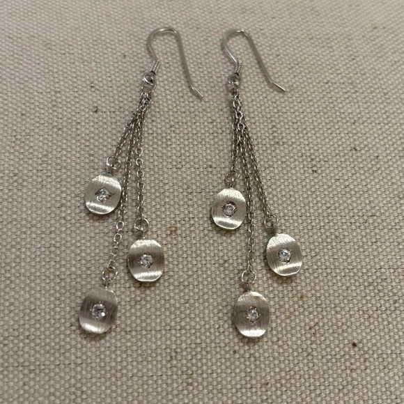 Jewelry - 925 Sterling Silver Dangly Chain 3 Round Charms with CZ Sparkly Fancy Earrings